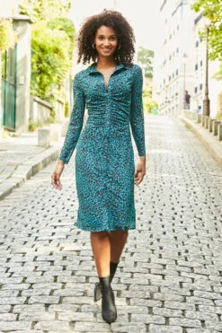 Turquoise Animal Print Mesh Shirt Jersey Dress 11 Turquoise Animal Print Mesh Shirt Jersey Dress -MIDI Clothing Shop web 16 s21dj047gran a21fw042bk 049