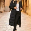 Black Longline Padded Coat With Removable Hood