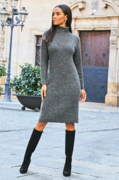Charcoal Grey Roll Neck Rib Jumper Dress