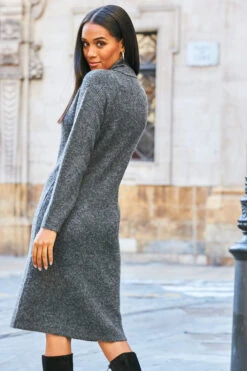 Charcoal Grey Roll Neck Rib Jumper Dress 11 Charcoal Grey Roll Neck Rib Jumper Dress -MIDI Clothing Shop web 81 a21dk504gy s21fw004gy 247