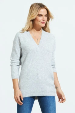 Grey Super Soft V Neck Ribbed Jumper -MIDI Clothing Shop web shot 23 s21tk302gy002m 013