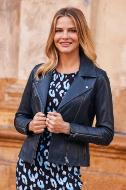 Navy Blue Leather Biker Jacket -MIDI Clothing Shop web 04 a23dj004ldbe01 281 rt