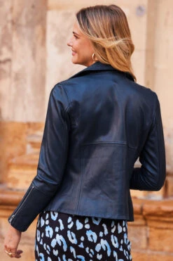 Navy Blue Leather Biker Jacket -MIDI Clothing Shop web 04 a23dj004ldbe01 345 rt