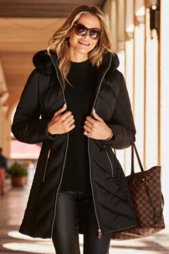 Black Quilt Detail Faux Fur Trim Padded Coat -MIDI Clothing Shop web 10 a22ow009bk0001 063