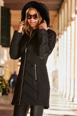 Black Quilt Detail Faux Fur Trim Padded Coat -MIDI Clothing Shop web 10 a22ow009bk0001 137