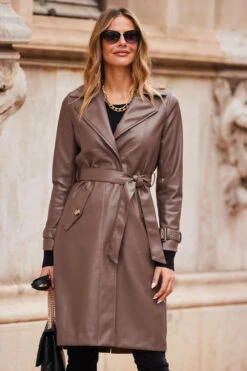 Mocha Brown Faux Leather Belted Trench Coat -MIDI Clothing Shop web 10 aop007be0040 a19tk090bk0001 0