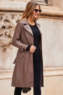 Mocha Brown Faux Leather Belted Trench Coat -MIDI Clothing Shop web 10 aop007be0040 a19tk090bk0001 080