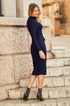 Navy Blue Belted Knitted Midi Dress 10 Navy Blue Belted Knitted Midi Dress -MIDI Clothing Shop web 10 s22dk009rd 105 navy rt