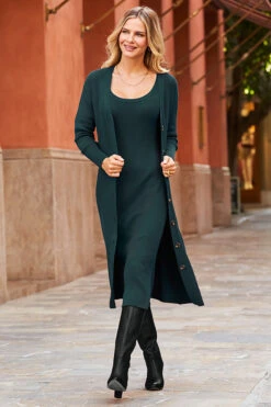 Dark Green Longline Button Front Cardigan