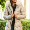 Stone Metallic Padded Coat With Fur Hood