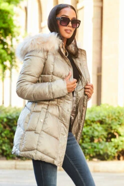 Stone Metallic Padded Coat With Fur Hood -MIDI Clothing Shop web 18 a22ow013st0001 129