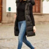Black Faux Fur Trim Longline Tie Waist Padded Gilet -MIDI Clothing Shop web 18 s22ow005bk a21tk698bk 113 1