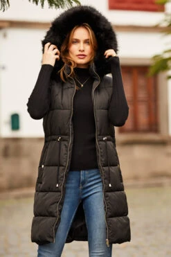 Black Faux Fur Trim Longline Tie Waist Padded Gilet -MIDI Clothing Shop web 18 s22ow005bk a21tk698bk 149