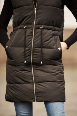 Black Faux Fur Trim Longline Tie Waist Padded Gilet -MIDI Clothing Shop web 18 s22ow005bk a21tk698bk 175