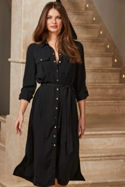 Black Belted Midi Shirt Dress -MIDI Clothing Shop web 18 s23dw012bk0001 050 1