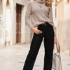 Black Wide Leg Jeans With Rose Gold Button Detail