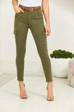 Khaki Green Zip Detail Cargo Skinny Jeans -MIDI Clothing Shop web 210302 sosandar hatfield 2 s21dt009be0010 082