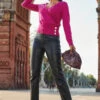 Magenta Faux Wrap Jumper With Diamante Button -MIDI Clothing Shop web 2307 108 a23tk122pk0015 108 055