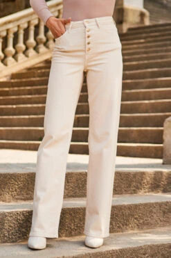 Ecru Button Front Wide Leg Jeans