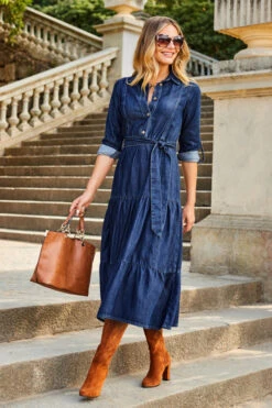 Dark Indigo Tiered Hem Denim Midi Dress -MIDI Clothing Shop web 2307 39 s23dd065in0007 39 034 rt