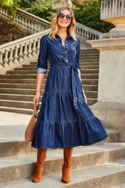 Dark Indigo Tiered Hem Denim Midi Dress -MIDI Clothing Shop web 2307 39 s23dd065in0007 39 043 rt