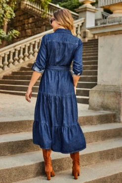 Dark Indigo Tiered Hem Denim Midi Dress -MIDI Clothing Shop web 2307 39 s23dd065in0007 39 197 rt