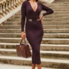 Chocolate Brown Wrap Front Luxe Gold Buckle Knitted Dress -MIDI Clothing Shop web 2307 46 a23dk173pt0004 46 005