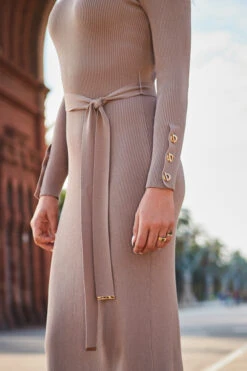 Taupe Belted Gold Button Detail Knitted Midi Dress -MIDI Clothing Shop web 2307 97 a23dk269bn0003 97 314