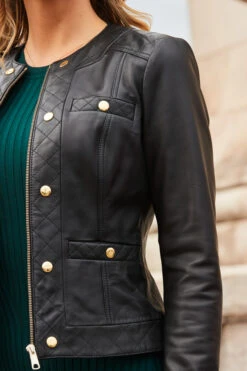 Black Quilted Round Neck Leather Jacket With Gold Buttons -MIDI Clothing Shop web 2308 07 a23dk123gn0001 s23ol001bk0001 07 243 1