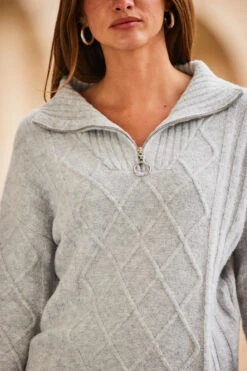 Light Grey Half Zip Cable Knit Jumper -MIDI Clothing Shop web 2308 102 s22bd090gy0016 s23tk701gy0003 102 187 1