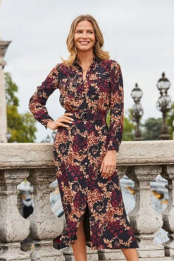 Black Baroque Print Belted Maxi Shirt Dress -MIDI Clothing Shop web 2308 107 a23dw034bkan01 107 065