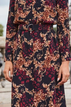 Black Baroque Print Belted Maxi Shirt Dress -MIDI Clothing Shop web 2308 107 a23dw034bkan01 107 191