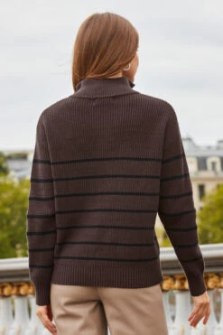 Mocha & Black Stripe Half Zip Jumper -MIDI Clothing Shop web 2308 19 s22tk502nlbk03 s23bp001bn0003 19 284 rt