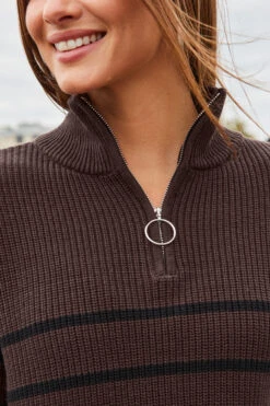 Mocha & Black Stripe Half Zip Jumper -MIDI Clothing Shop web 2308 19 s22tk502nlbk03 s23bp001bn0003 19 305 rt