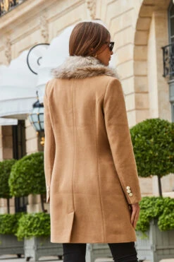 Camel Faux Fur Collar Coat -MIDI Clothing Shop web 2308 55 a23ow016bn0002 55 289