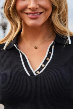 Black & White Contrast Trim Fine Knit Collared Jumper -MIDI Clothing Shop web 2308 64 s23sp006bk0001 a23tk157bk0001 64 535