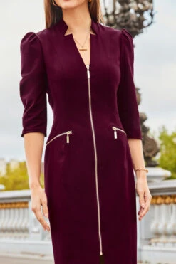 Burgundy Zip Front Pencil Dress -MIDI Clothing Shop web 2308 80 a23dw031rd0004 80 179 rt