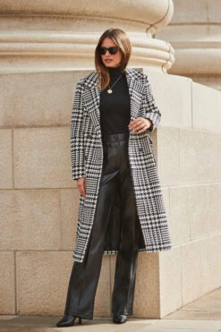 Black & White Dogtooth Print Longline Coat -MIDI Clothing Shop web 2309 103 a23ow017bkwe01 s23bp006bk0001 103 027