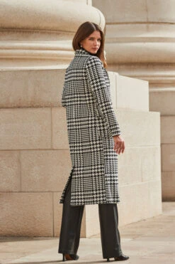 Black & White Dogtooth Print Longline Coat -MIDI Clothing Shop web 2309 103 a23ow017bkwe01 s23bp006bk0001 103 248