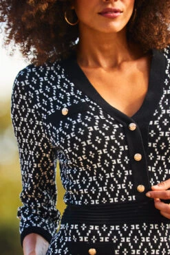 Black Geometric Print Gold Button Detail Knitted Dress -MIDI Clothing Shop web 2309 104 a23dk250bk0001 104 304