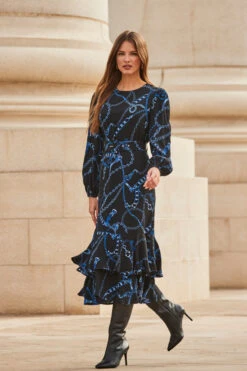Black & Blue Chain Print Ruffle Hem Fit & Flare Dress -MIDI Clothing Shop web 2309 107 a23dw083bkcv01 107 027