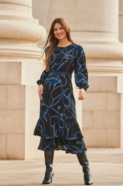 Black & Blue Chain Print Ruffle Hem Fit & Flare Dress -MIDI Clothing Shop web 2309 107 a23dw083bkcv01 107 039