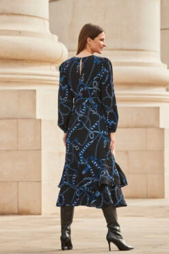 Black & Blue Chain Print Ruffle Hem Fit & Flare Dress -MIDI Clothing Shop web 2309 107 a23dw083bkcv01 107 138