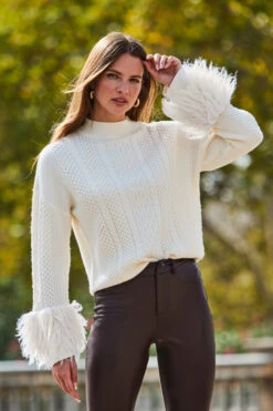 Cream Cable High Neck Faux Fur Cuff Jumper -MIDI Clothing Shop web 2309 115 a23tk199nl0001 a22bl004pt0004 115 053