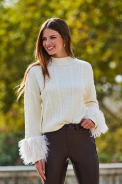 Cream Cable High Neck Faux Fur Cuff Jumper -MIDI Clothing Shop web 2309 115 a23tk199nl0001 a22bl004pt0004 115 074