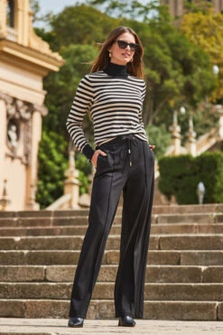 Black & Cream Stripe Print Roll Neck Gold Zip Detail Jumper -MIDI Clothing Shop web 2309 117 a20tk008bkwe01 117 018