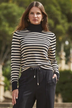 Black & Cream Stripe Print Roll Neck Gold Zip Detail Jumper -MIDI Clothing Shop web 2309 117 a20tk008bkwe01 117 058 2
