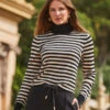 Black & Cream Stripe Print Roll Neck Gold Zip Detail Jumper -MIDI Clothing Shop web 2309 117 a20tk008bkwe01 117 060