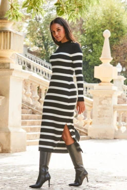 Black & White Stripe Button Detail Rib Knit Midi Dress -MIDI Clothing Shop web 2309 119 a23dk105bknl01 119 052