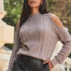 Taupe Cable Knit Cut Out Shoulder Jumper -MIDI Clothing Shop web 2309 125 a23tk198bn0003 125 078 2